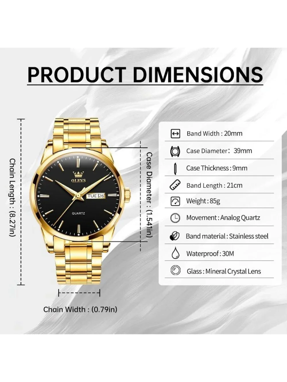 Men's Gold Black Stainless Steel Luminous Quartz Waterproof Round Classic Watch